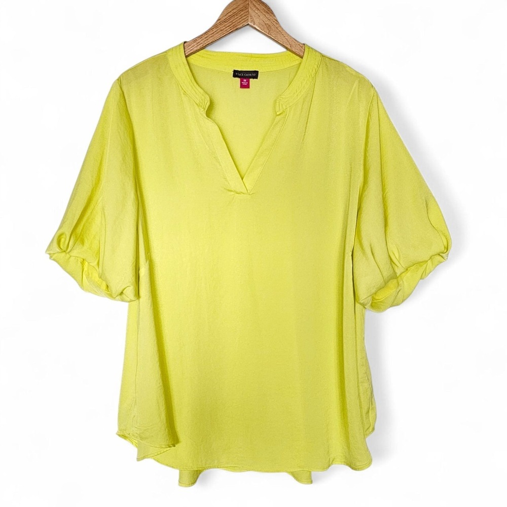 Vince Camuto Top Womens 3X Pullover V-Neck Yellow Short Puff Sleeve Lightweight